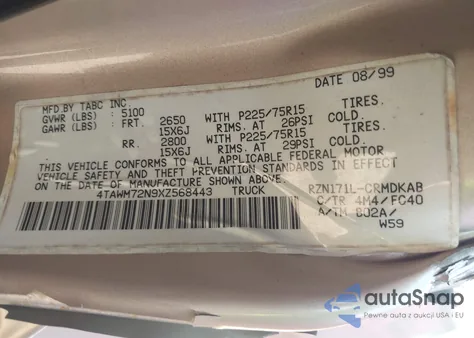 1999 Toyota Tacoma из США, поврежденный, VIN 4TAWM72N9XZ568443